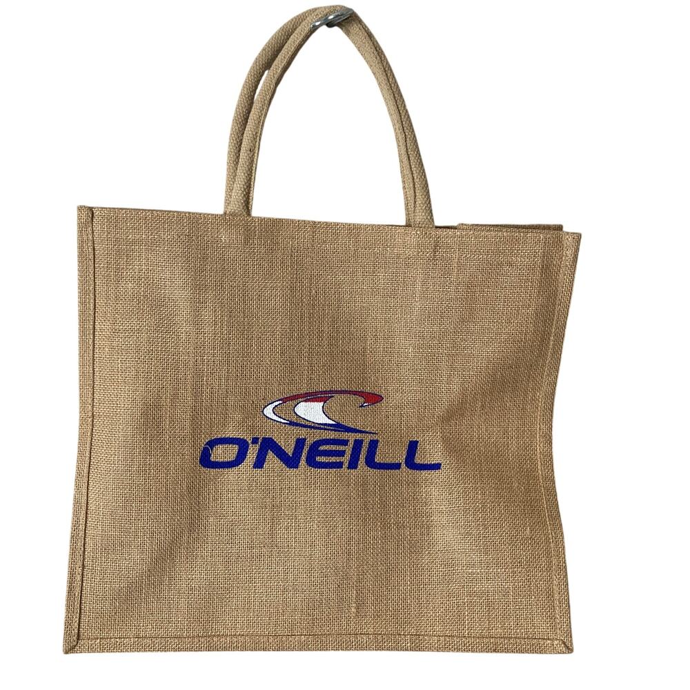 O'Neill Tote Bag Tan Jute Burlap Logo Surf Beach Shopper Reusable Y2K